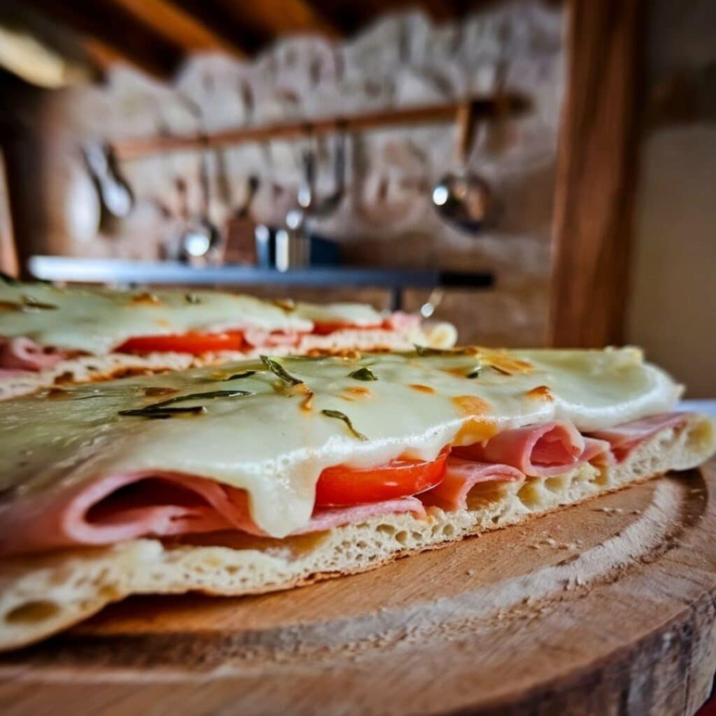 A freshly baked cottage cheese flatbread topped with tomato slices, ham, and herbs