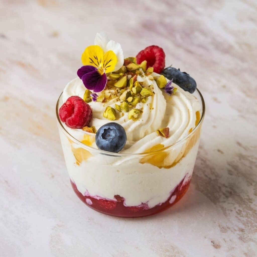 A beautifully plated ricotta cheese dessert recipe, featuring a smooth, creamy texture with a drizzle of honey and fresh berries on top