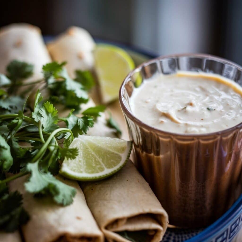 Overhead shot of enchiladas covered in white sauce on a rustic plate
