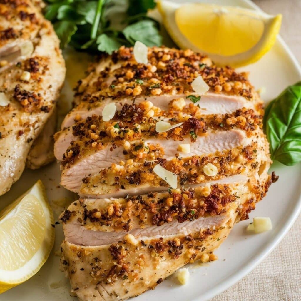 A plate of crispy Garlic Parmesan Thin Sliced Chicken Breast garnished with parsley, garlic, and lemon wedges