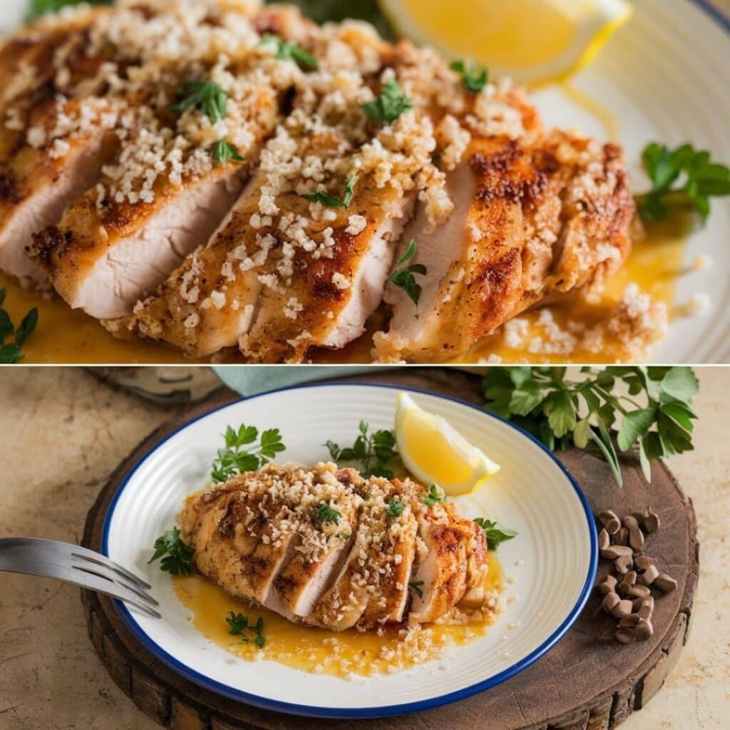 Golden brown thin sliced chicken breast with crispy Parmesan crust on wooden board with herbs and lemon garnish