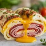Detailed cross-section of egg and cottage cheese flatbread recipe with savory toppings