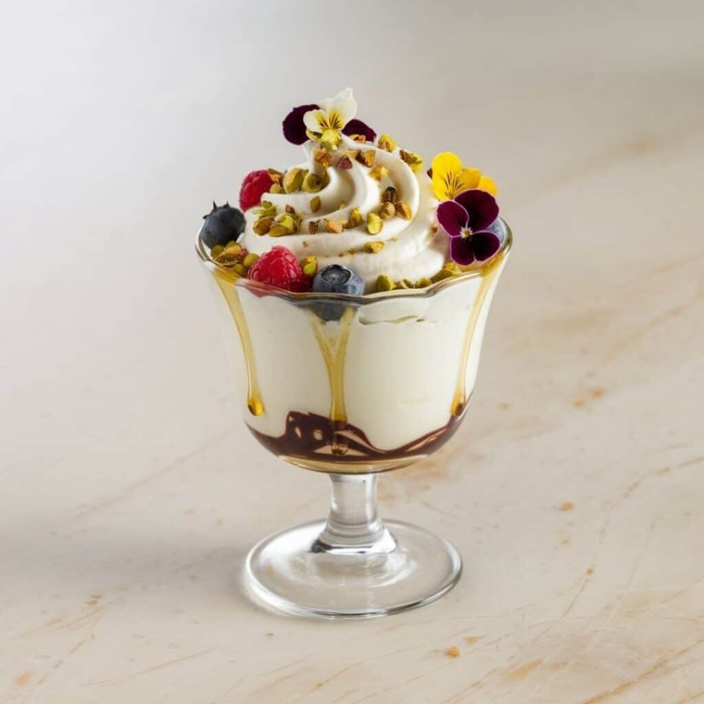 Glass cup filled with whipped ricotta cheesse dessert recipe topped with pistachios, honey, and edible flowers