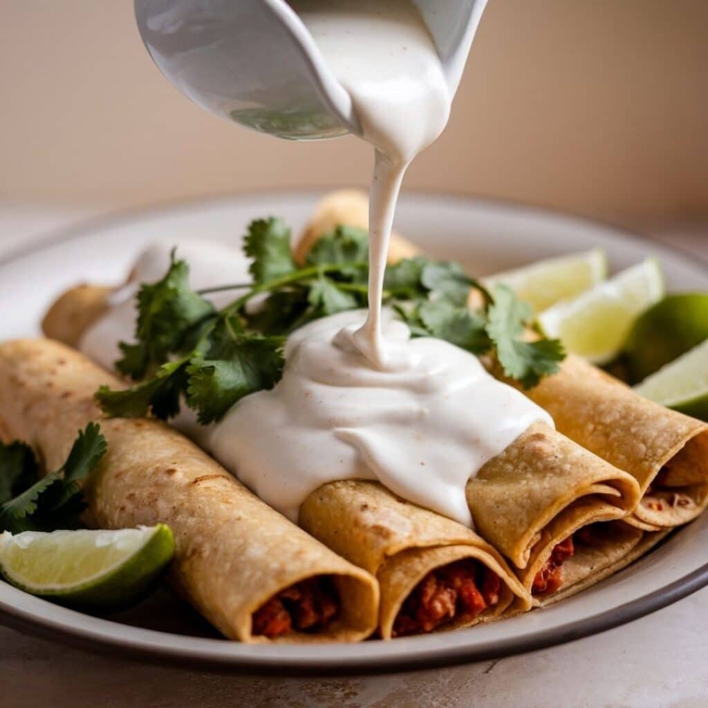 Creamy white enchilada sauce pouring over rolled corn tortillas with fresh garnishes