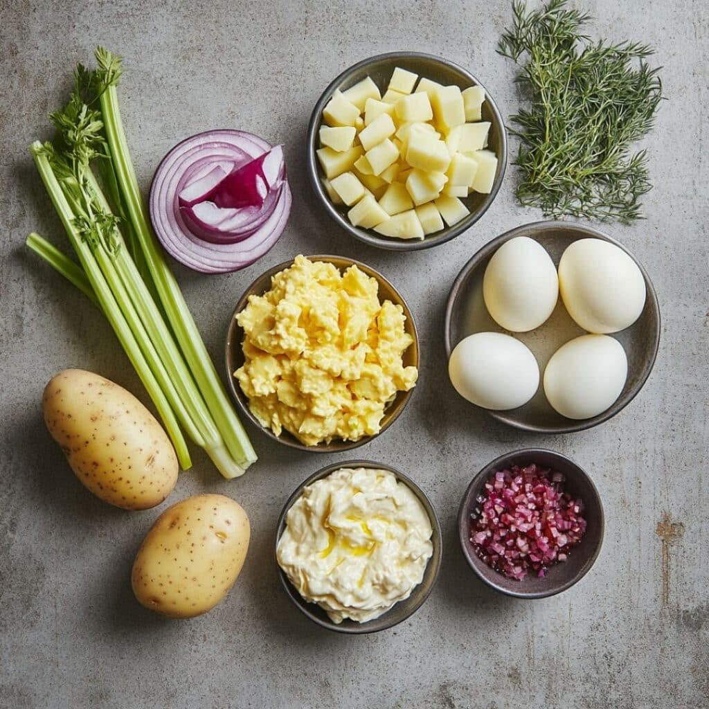 Ingredients for Hellmann's potato salad recipe, including potatoes, Hellmann's mayonnaise, and other components