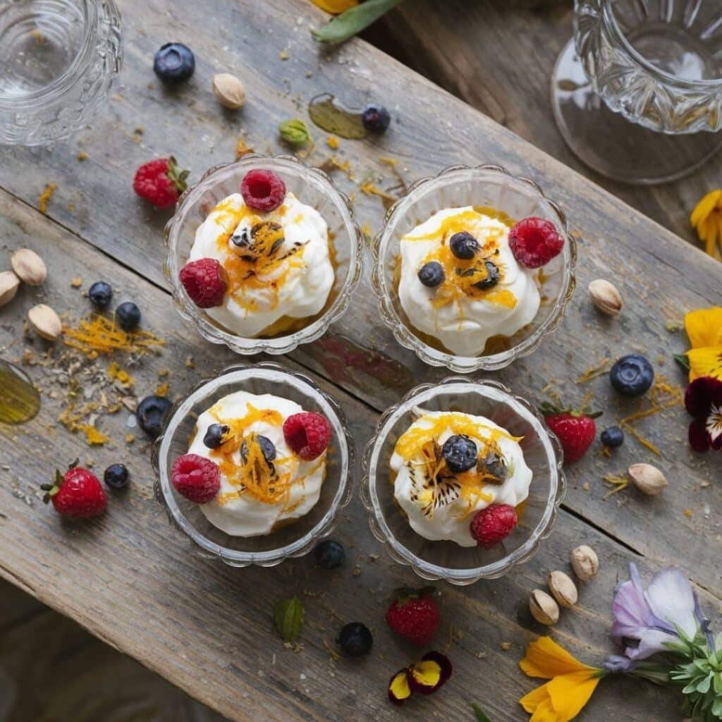 Overhead view of four ricotta desserts in glass bowls with honey and pistachio garnish