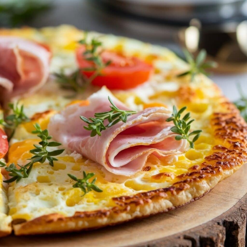 Crispy egg and cottage cheese flatbread recipe with ham and roasted tomatoes