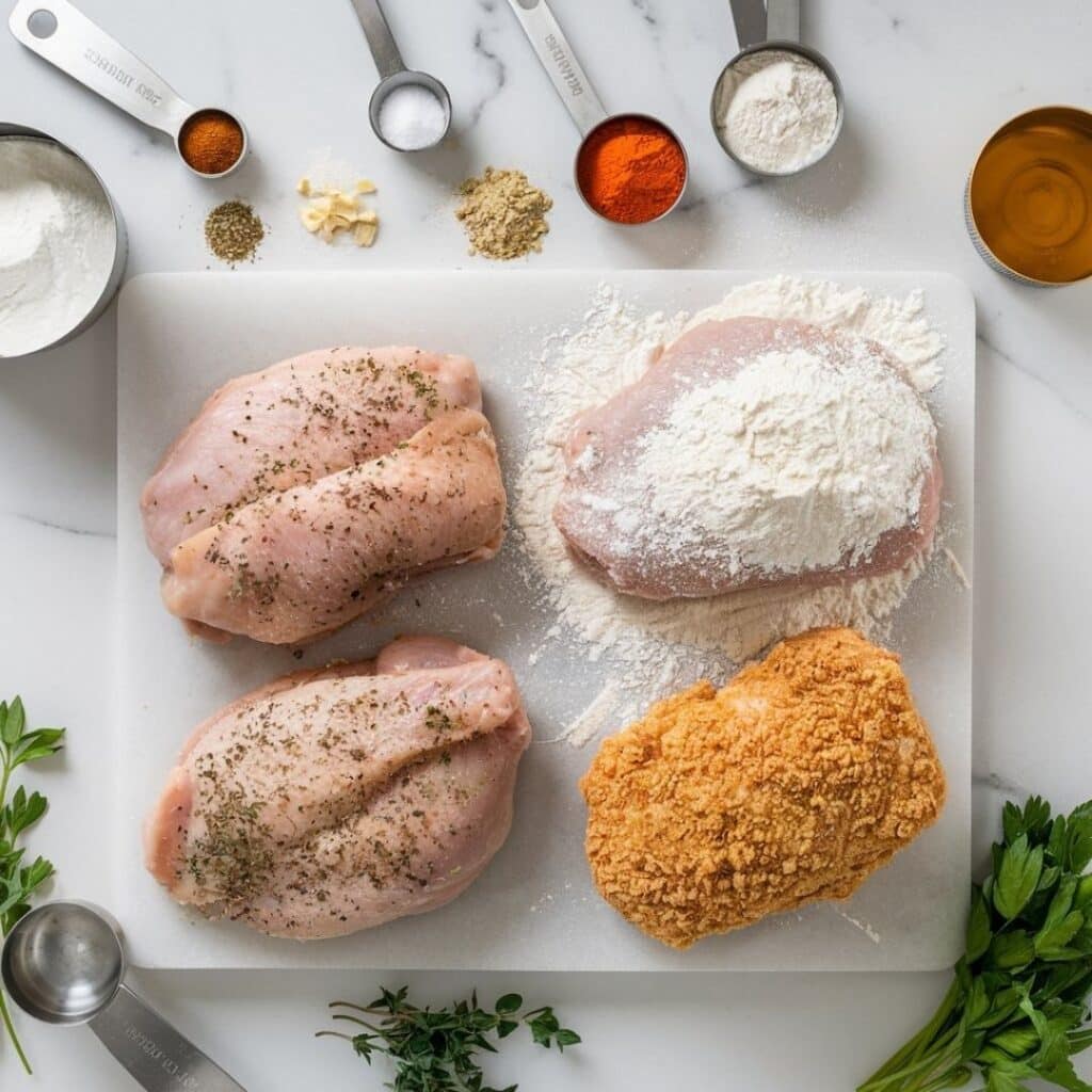 Three stages of thin sliced chicken breast recipes preparation showing coating process on marble countertop with ingredients
