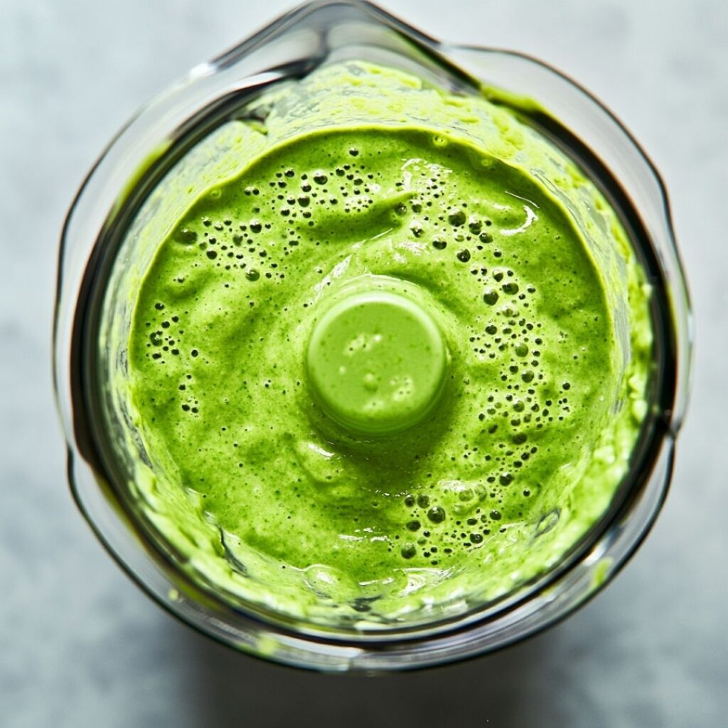 High-speed blender in action showing creamy green smoothie being made