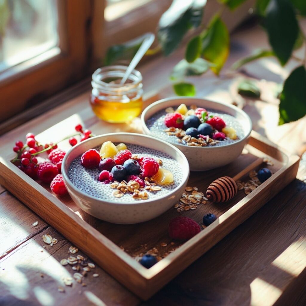 Two chia pudding breakfast bowls on wooden tray with scattered berries and honey