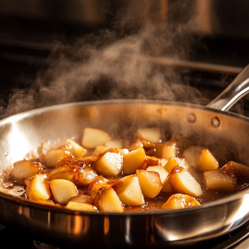 Diced pears being caramelized in a stainless steel pan with golden brown caramel
