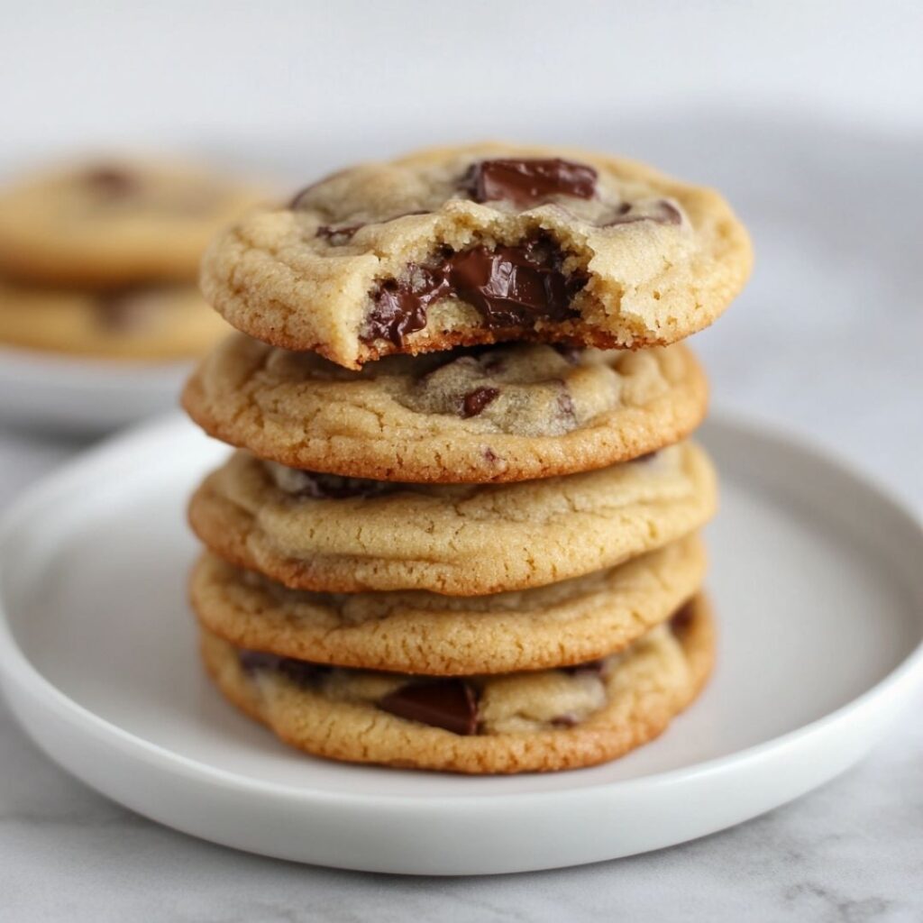 Stack of pale golden cookies with chocolate chunks and sea salt on white plate