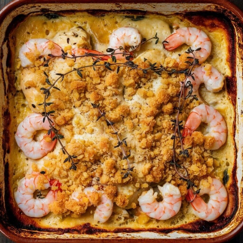 Baked casserole with chicken, shrimp, and breadcrumb topping