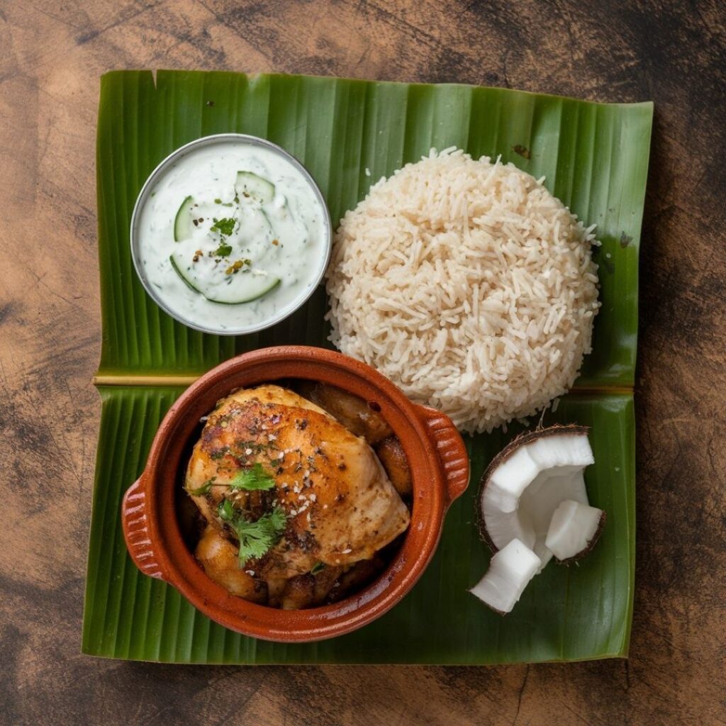 Nariyal chicken served with rice and side dishes