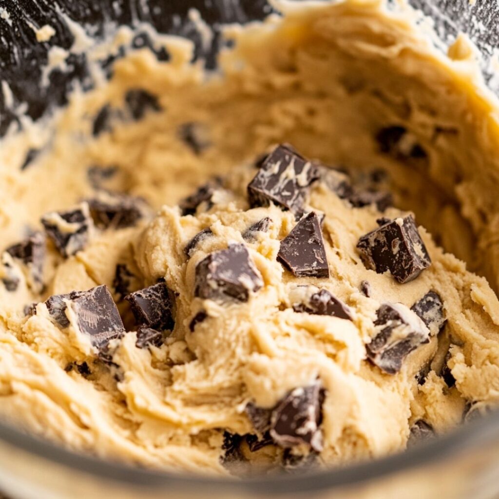 Mixing bowl with cookie dough and chocolate chunks being incorporated