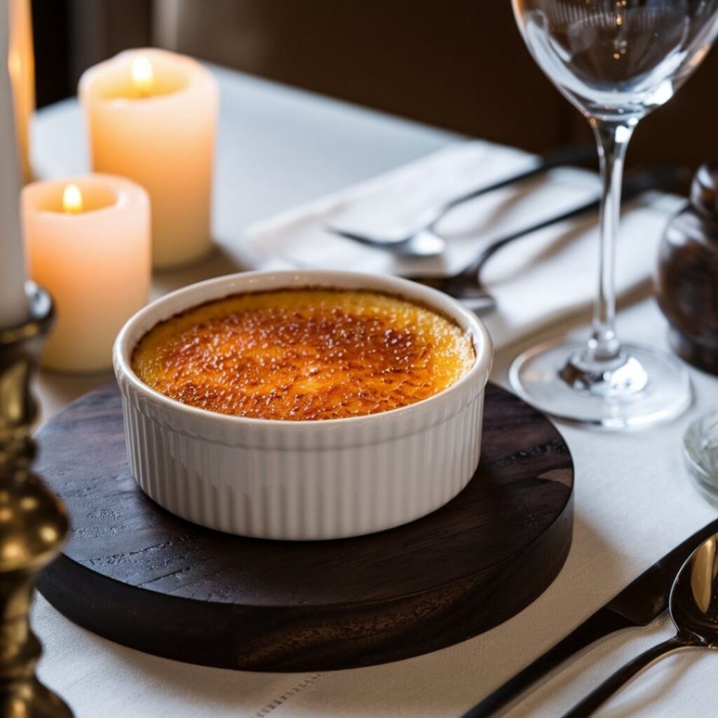 Gourmet crab brulee with caramelized sugar crust in elegant white ramekin