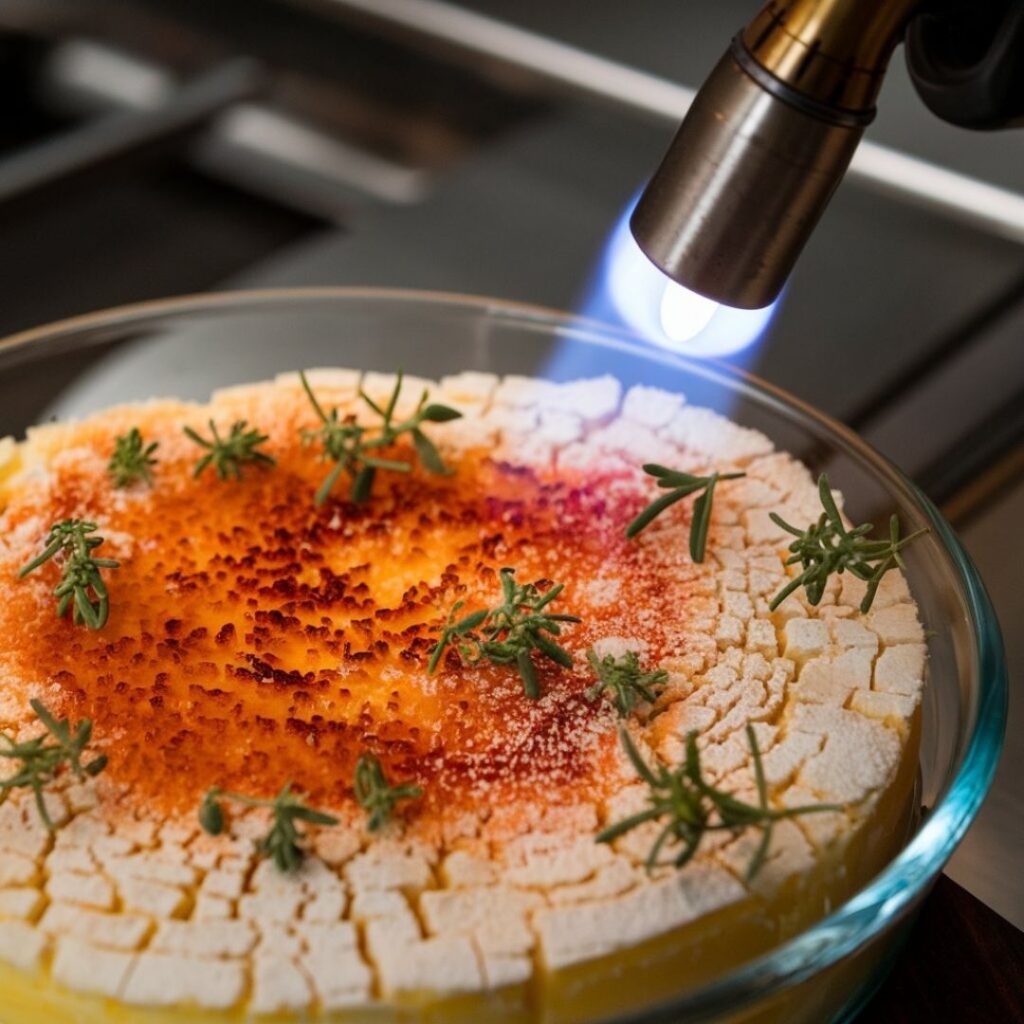 Close-up of kitchen torch caramelizing sugar on crab brulee surface