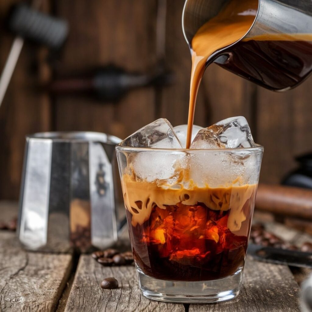 Espresso being poured for Iced Americano