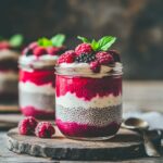 Close-up view of chia seed pudding texture with berry puree swirls