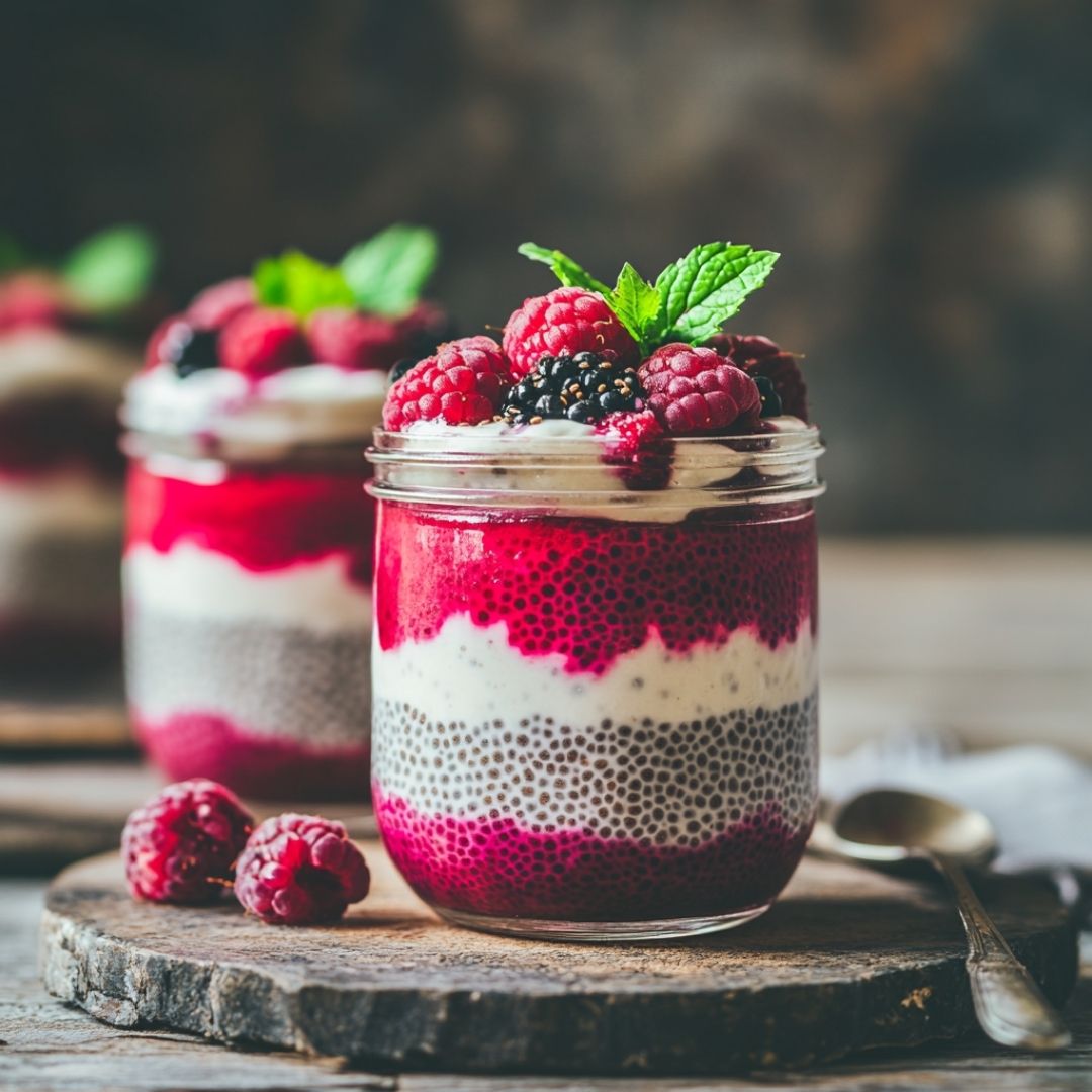Close-up view of chia seed pudding texture with berry puree swirls