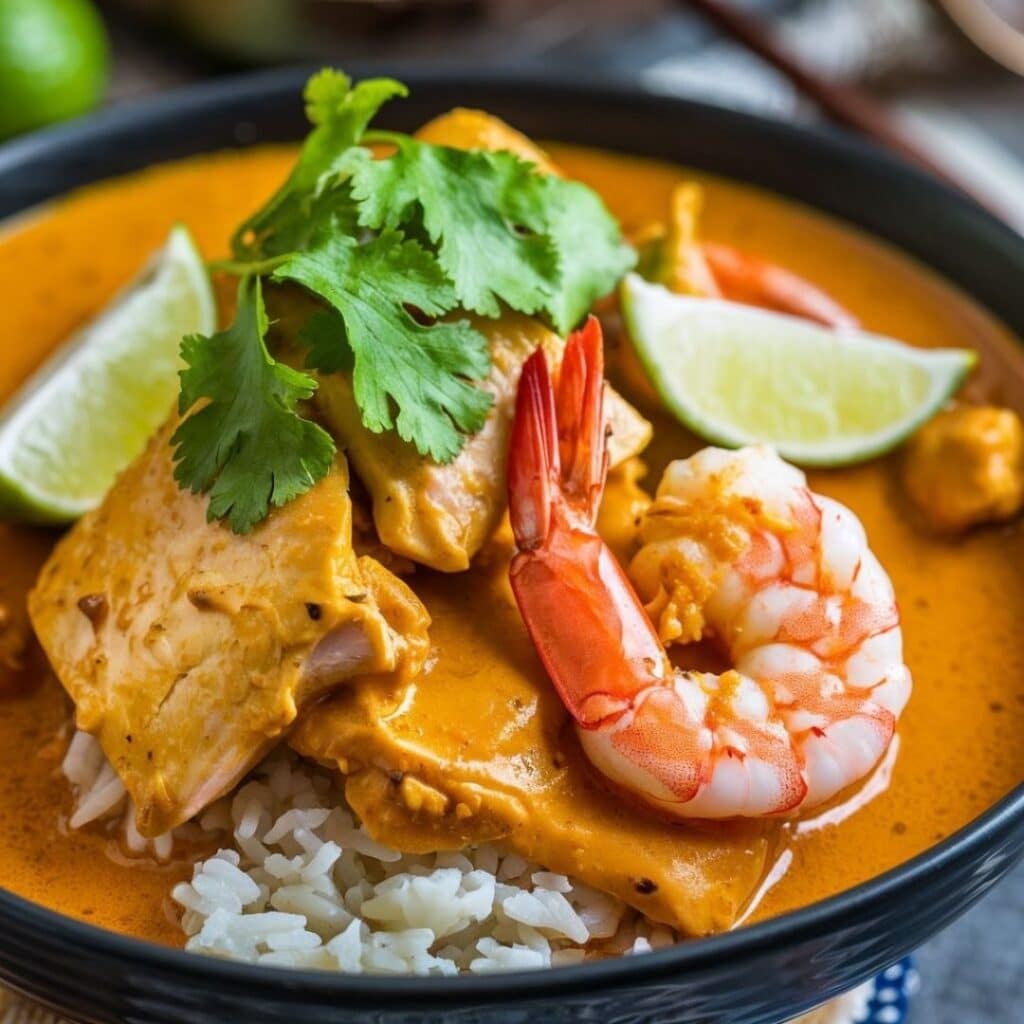 Golden coconut curry with chicken and shrimp served over rice