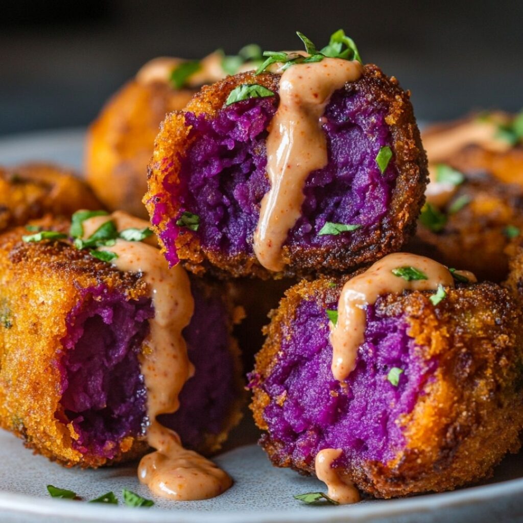 Halved purple sweet potato croquettes showing contrasting golden crust and purple center
