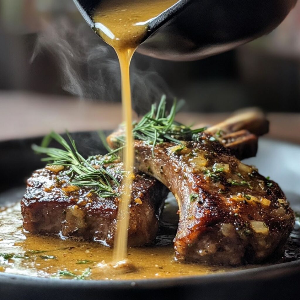 Pouring garlic-rosemary sauce over lamb shoulder chop recipe