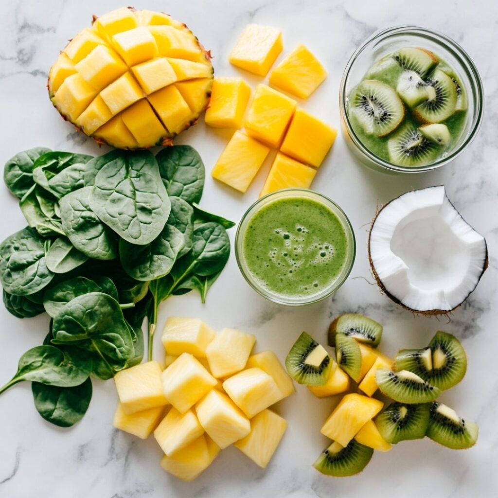 Overhead view of fresh ingredients for island green smoothie arranged on white marble counter