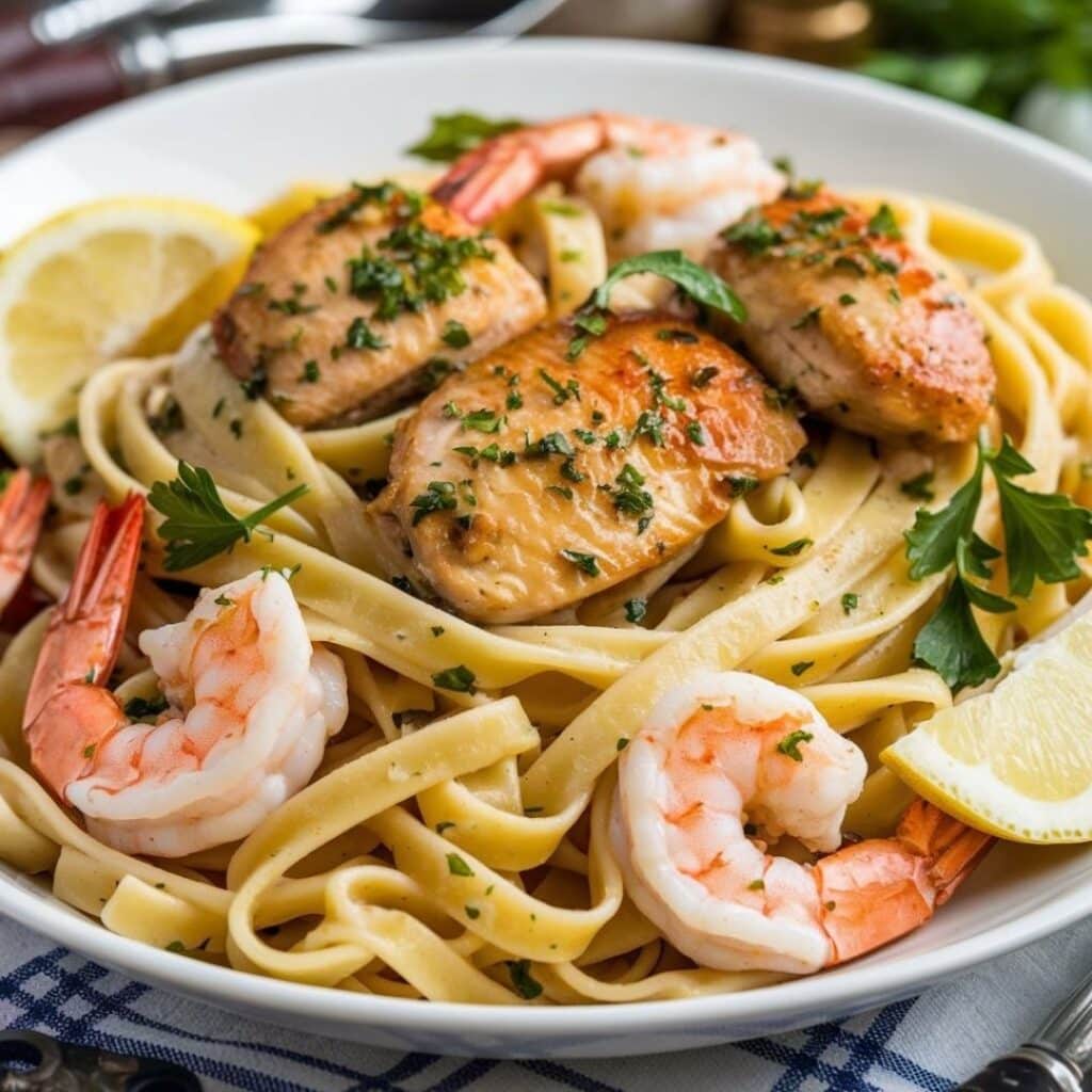Pasta dish with chicken and shrimp in garlic butter sauce