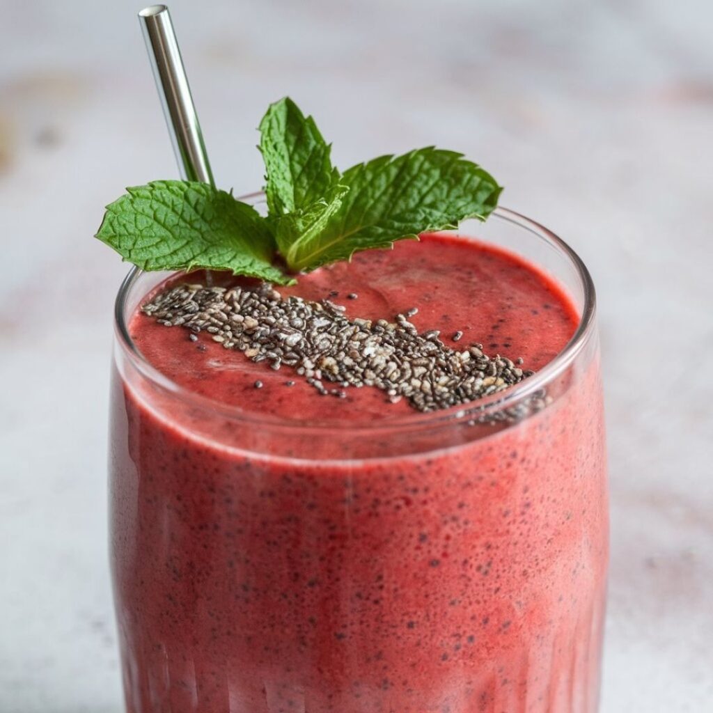 Strawberry smoothie recipe with mint and chia seed garnish