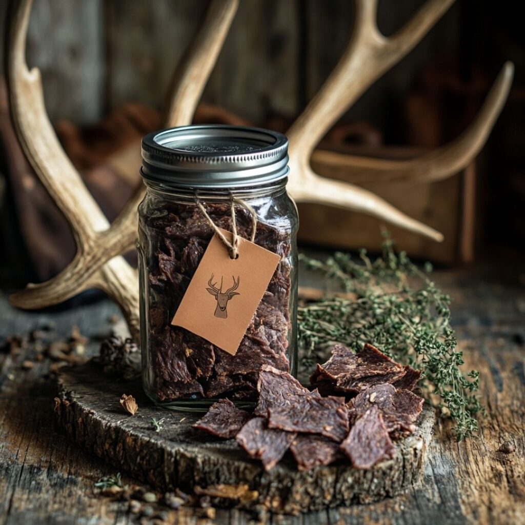 Mason jar filled with ground venison jerky recipe displayed with hunting decor