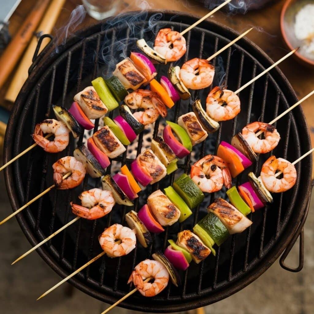 Grilled skewers with chicken, shrimp, and colorful vegetables