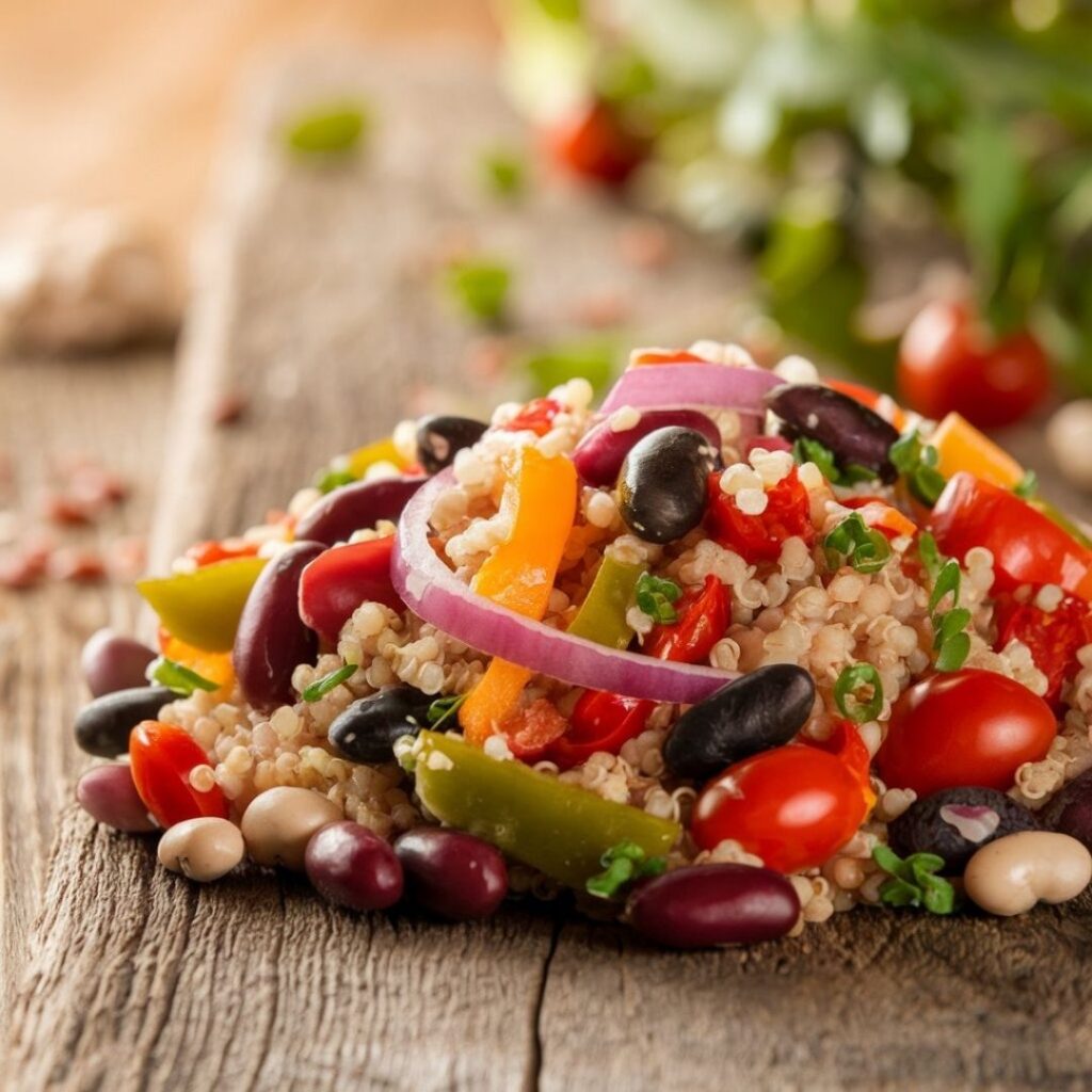 Detailed view of dense bean salad ingredients