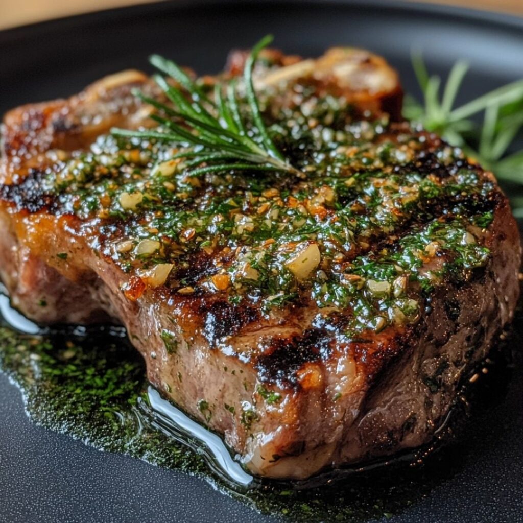 Herb-crusted lamb shoulder chop recipe on dark plate with garlic-rosemary sauce