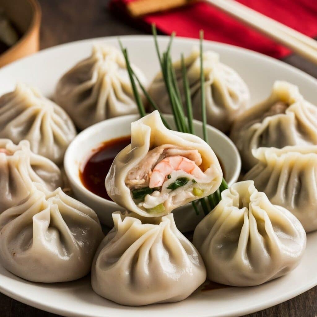 Steamed dumplings filled with chicken and shrimp mixture