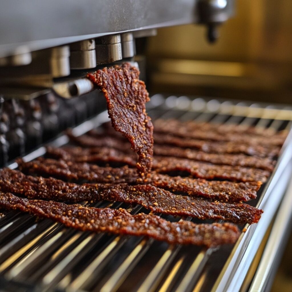 Ground venison being pressed through jerky gun onto dehydrator tray