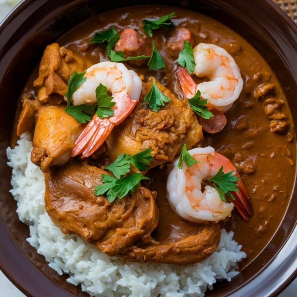 Bowl of dark gumbo with chicken, shrimp, and rice