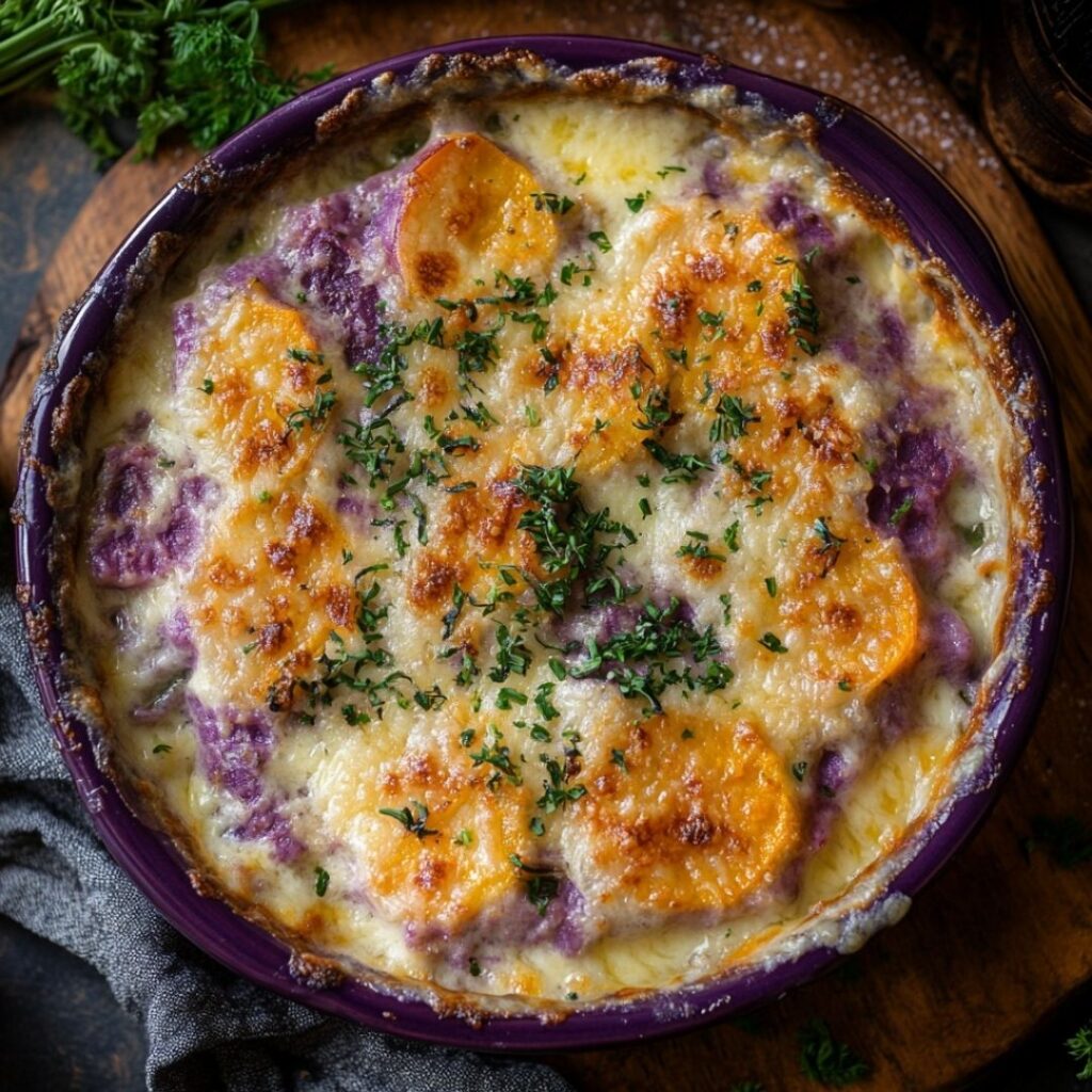 Bubbling hot purple sweet potatoes gratin in ceramic baking dish with golden cheese crust