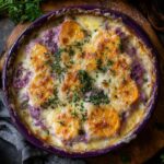 Bubbling hot purple sweet potatoes gratin in ceramic baking dish with golden cheese crust