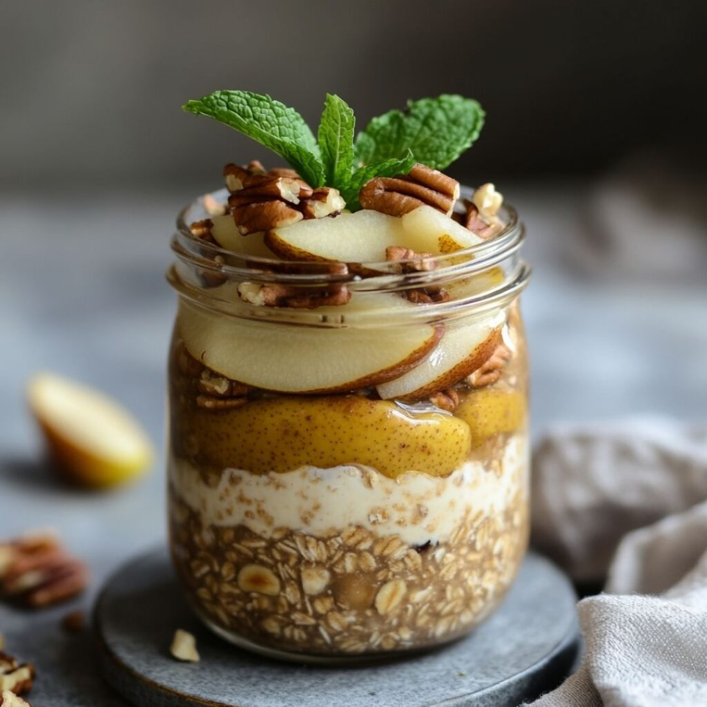 Layered overnight oats in a glass jar showing distinct layers of oats, caramelized pears, and toppings