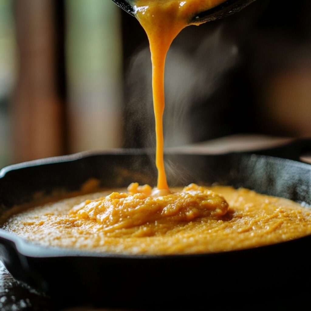 Hand pouring orange-tinted cornbread batter into a smoking hot cast iron skillet