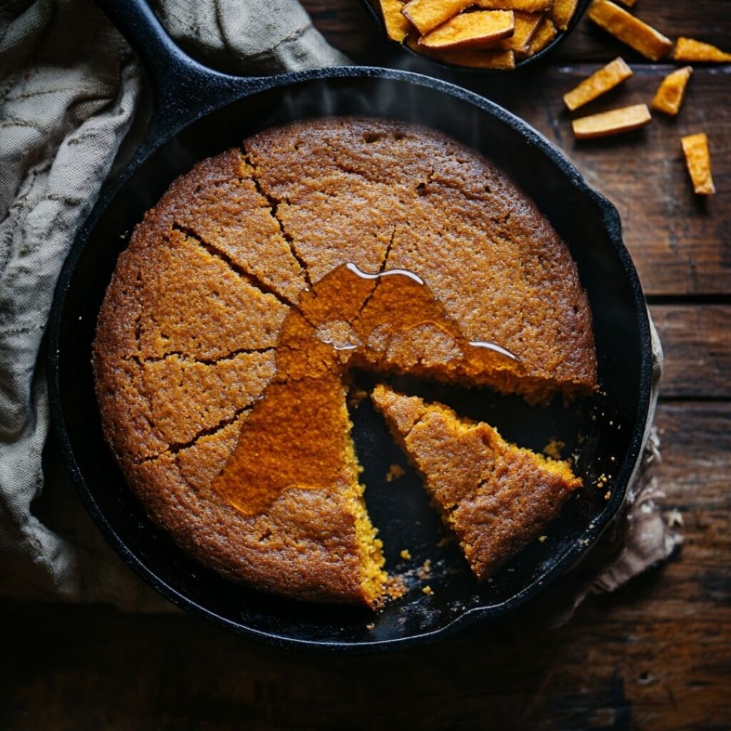 Freshly baked sweet potato cornbread in cast iron skillet with honey drizzle and butter pat melting on top