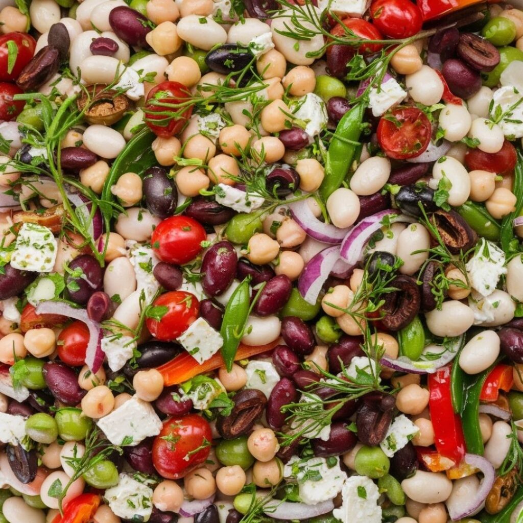 Overhead shot of colorful dense bean salad recipe
