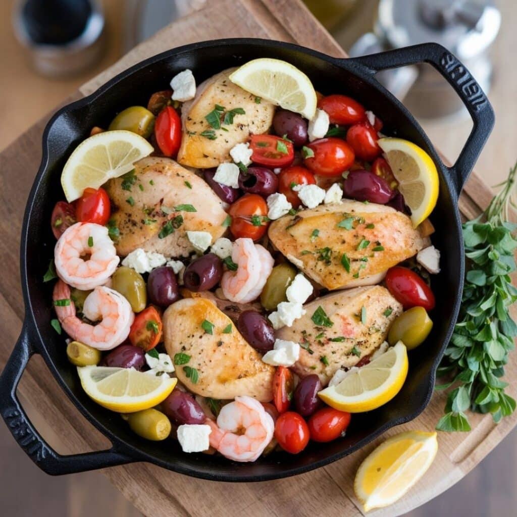 Cast iron skillet with Mediterranean-style chicken, shrimp, tomatoes, olives, and feta
