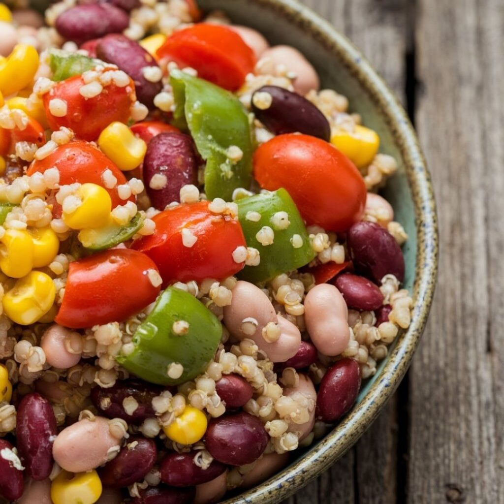 Vibrant dense bean salad recipe with mixed vegetables and herbs