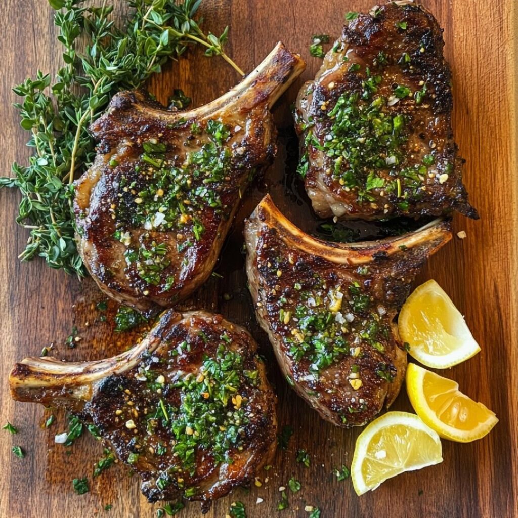 Four cooked lamb shoulder chops on wooden board with herbs