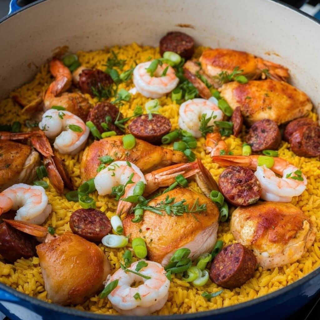 Traditional jambalaya with chicken, shrimp, sausage, and rice