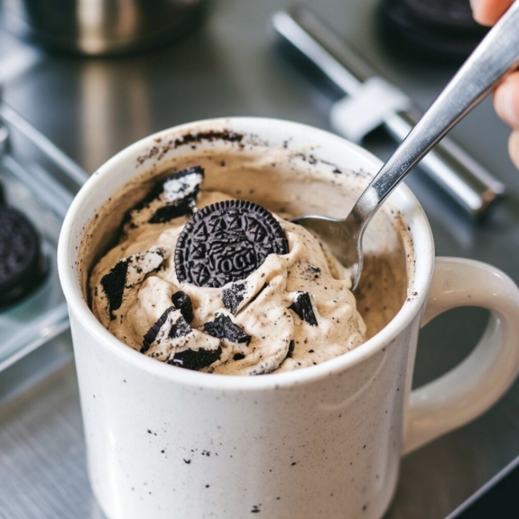 A creamy Oreo dessert served in a white mug, topped with crushed Oreos and a whole Oreo cookie