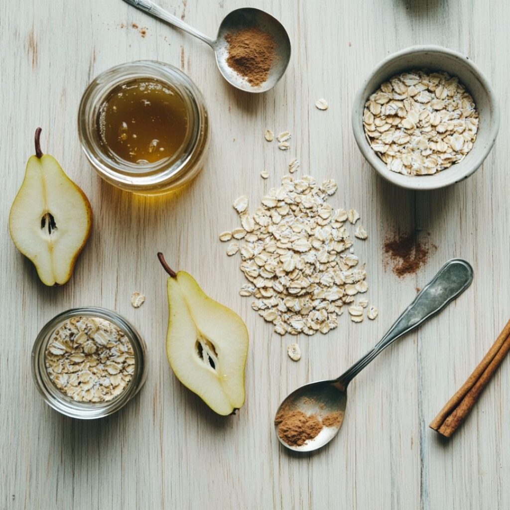 Ingredients for overnight oats arranged on wooden surface including oats, honey, pears, and spices