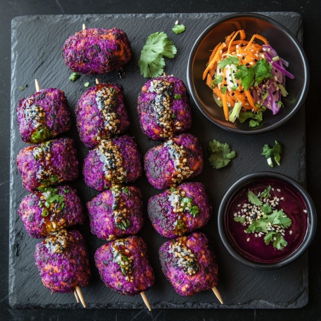 Arranged platter of purple sweet potato croquettes with decorative garnishes and sauce